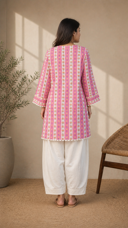Pink cotton kurta with white farsi salwar