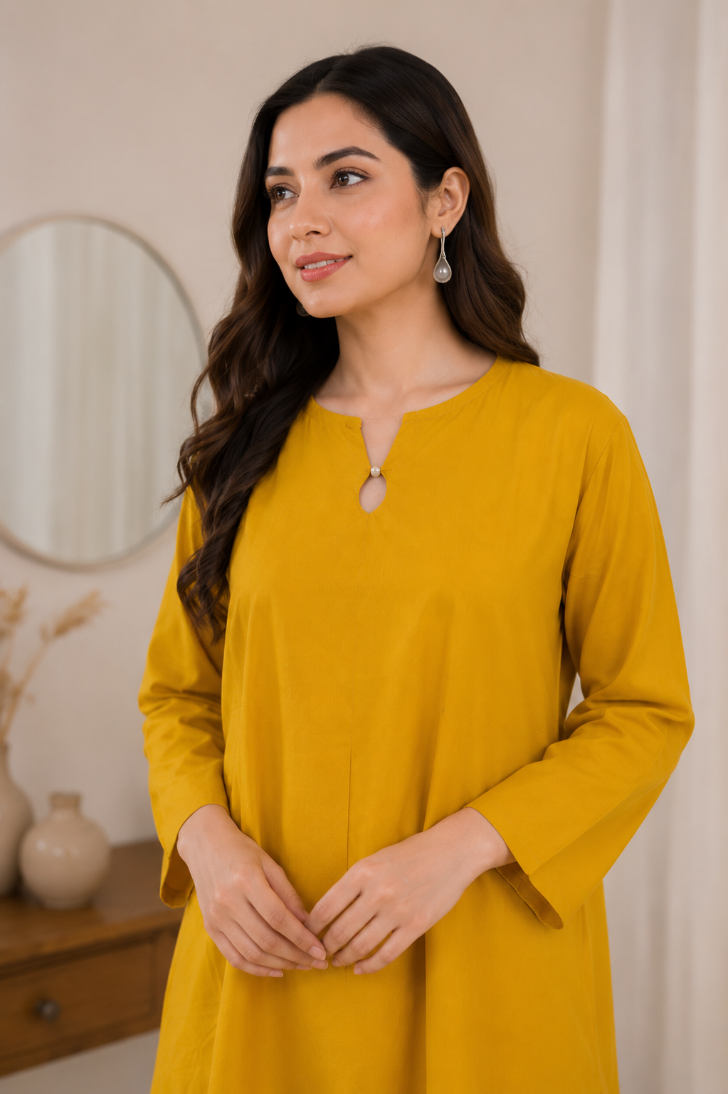 Yellow cotton kurta with printed cotton flex farsi