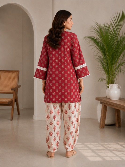 Maroon cotton printed farsi set