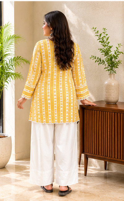 Yellow cotton kurta with white farsi