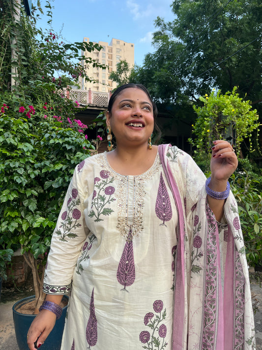 Cotton printed festive suit set - Purple