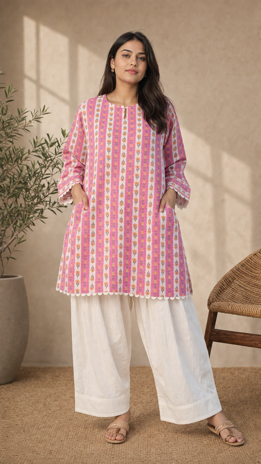 Pink cotton kurta with white farsi salwar