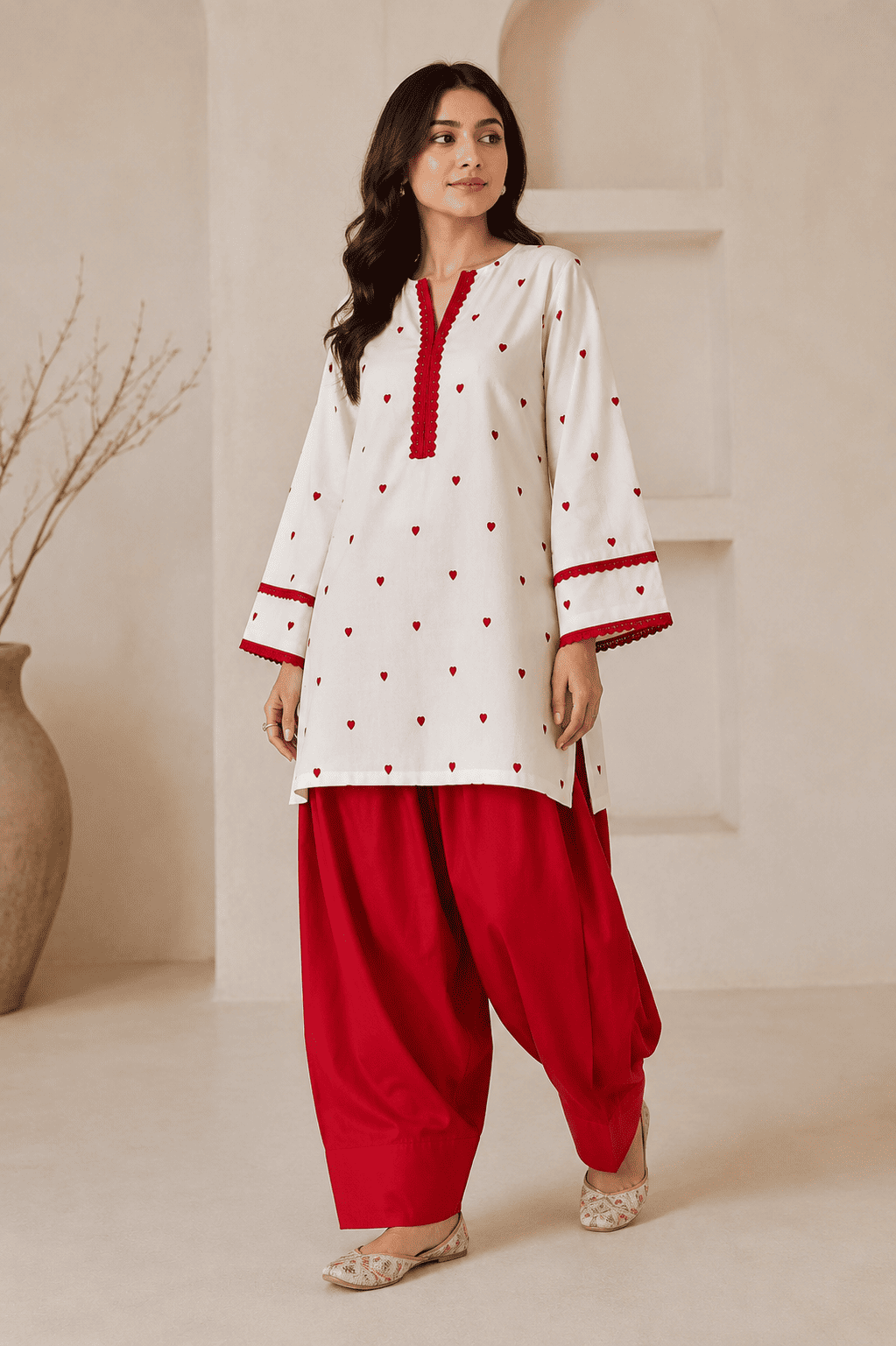 Red heart kurta with farshi