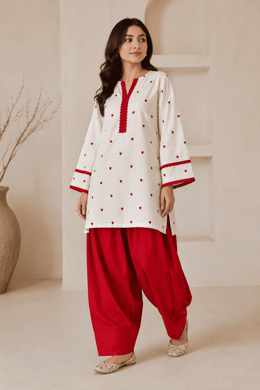 Red heart kurta with farshi