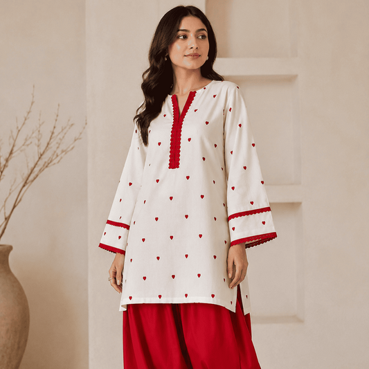 Red heart kurta with farshi