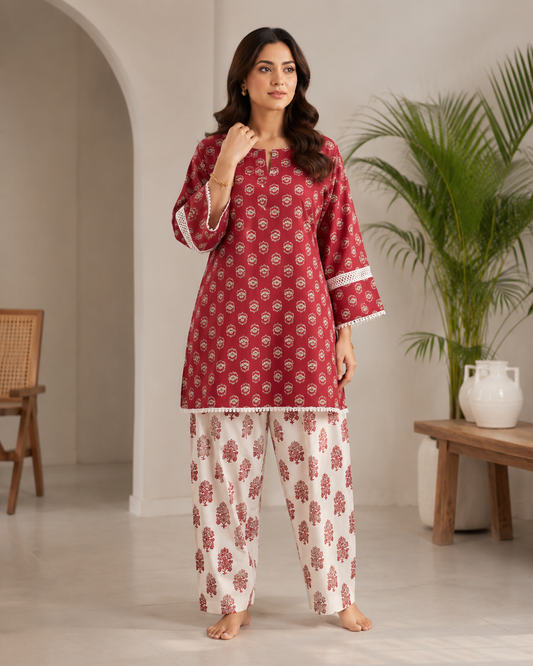 Maroon cotton printed farsi set