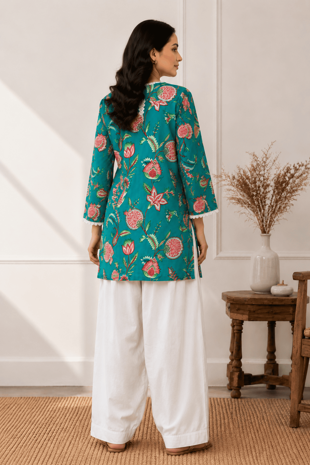 Turquoise kurta with white farshi