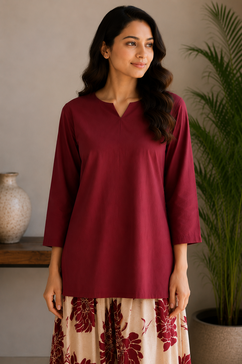 Maroon short kurta with printed cotton flex farsi