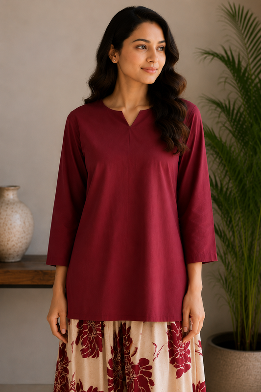 Maroon short kurta with printed cotton flex farsi