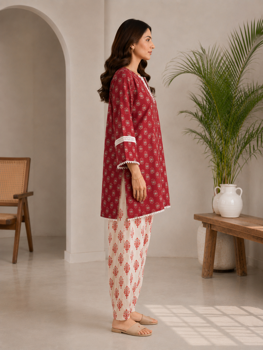 Maroon cotton printed farsi set