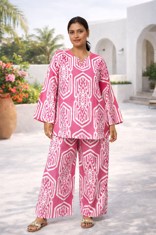 Printed pink cotton coord set