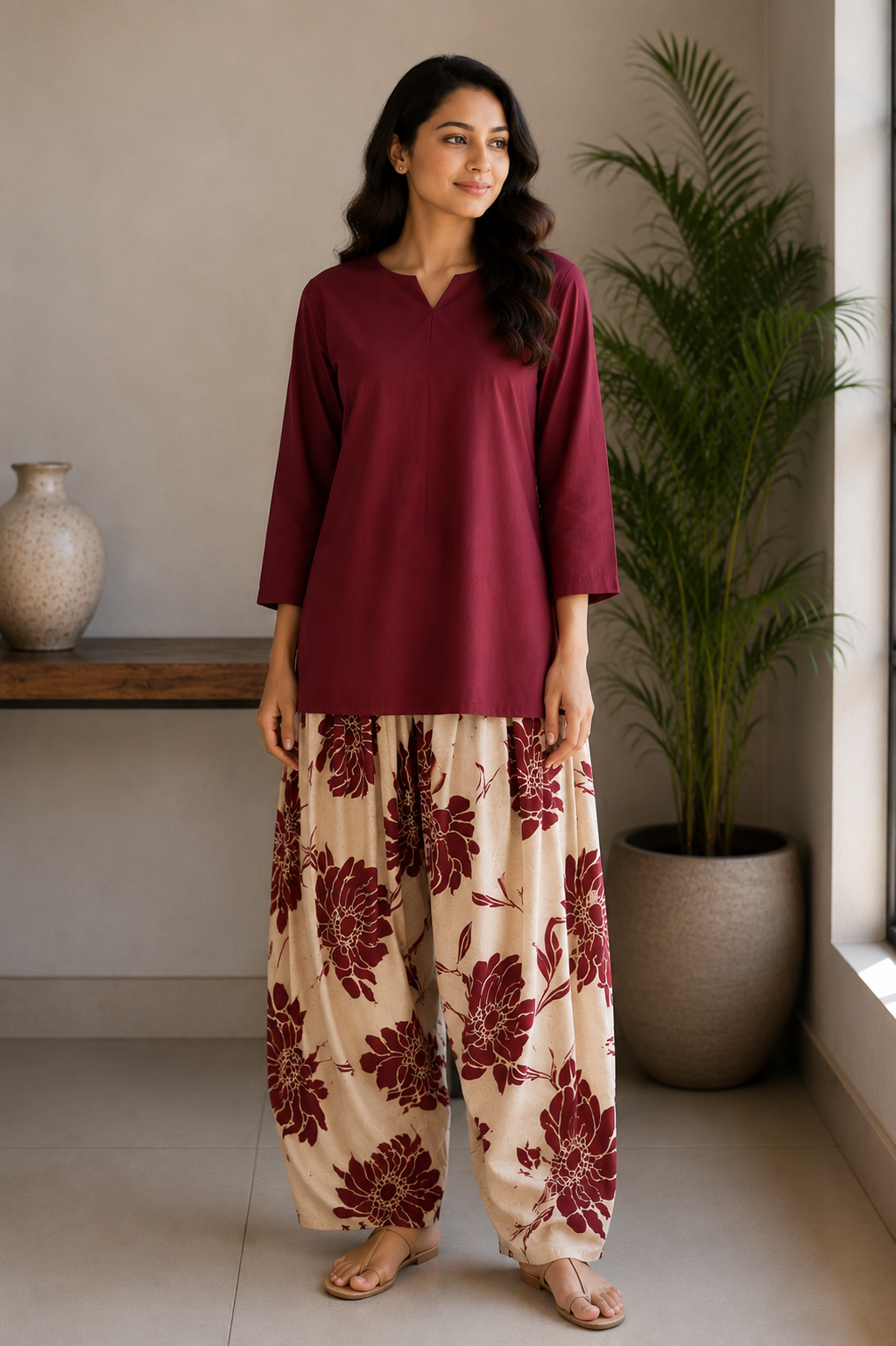 Maroon short kurta with printed cotton flex farsi