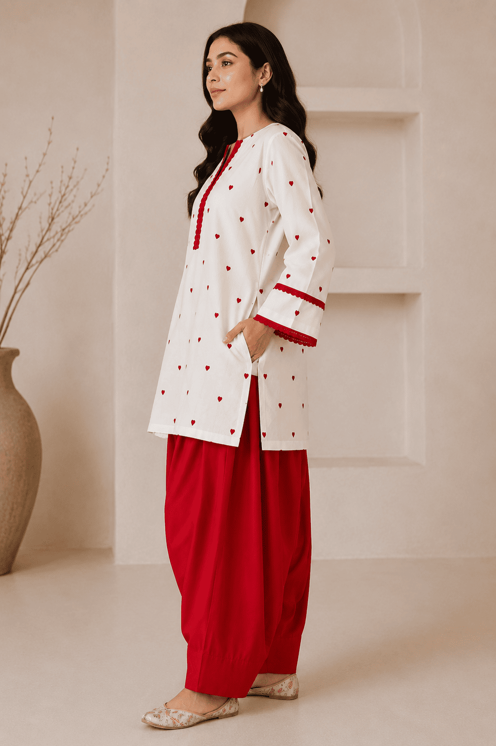Red heart kurta with farshi