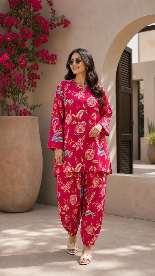 Red floral cotton coord set