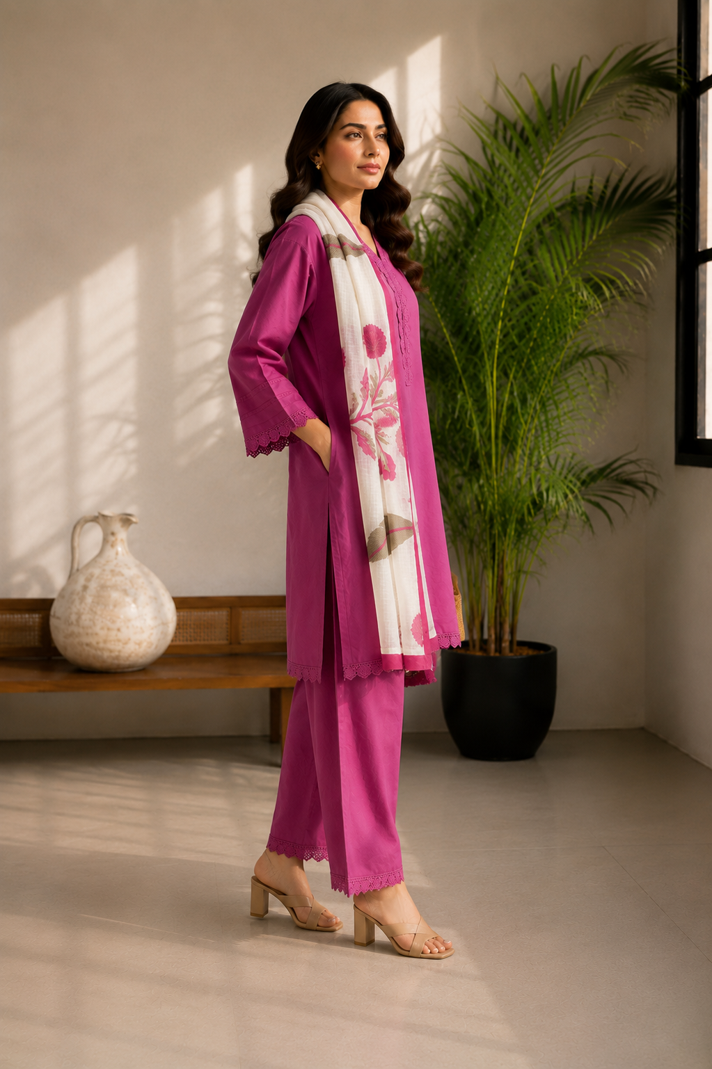 Summer fresh pink cotton suit set