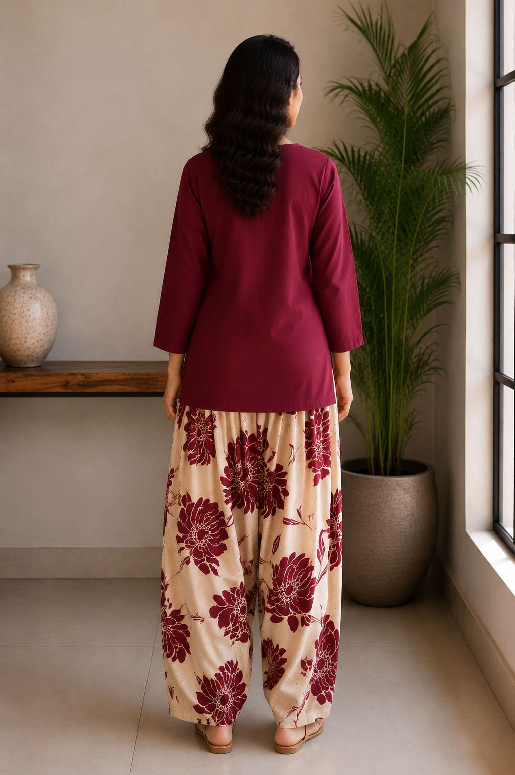 Maroon short kurta with printed cotton flex farsi