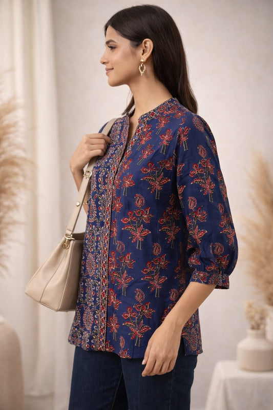 Printed blue cotton shirt