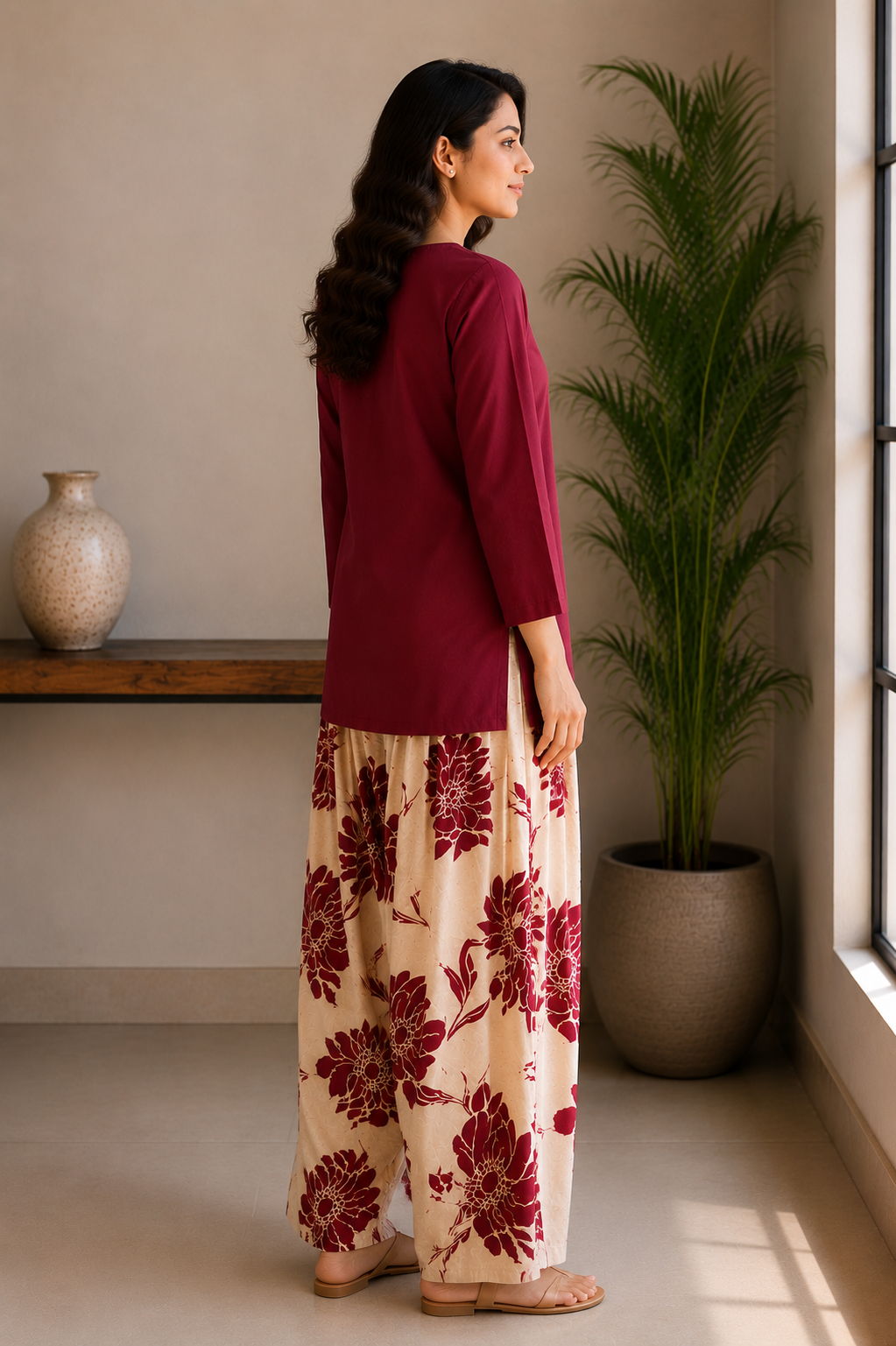 Maroon short kurta with printed cotton flex farsi