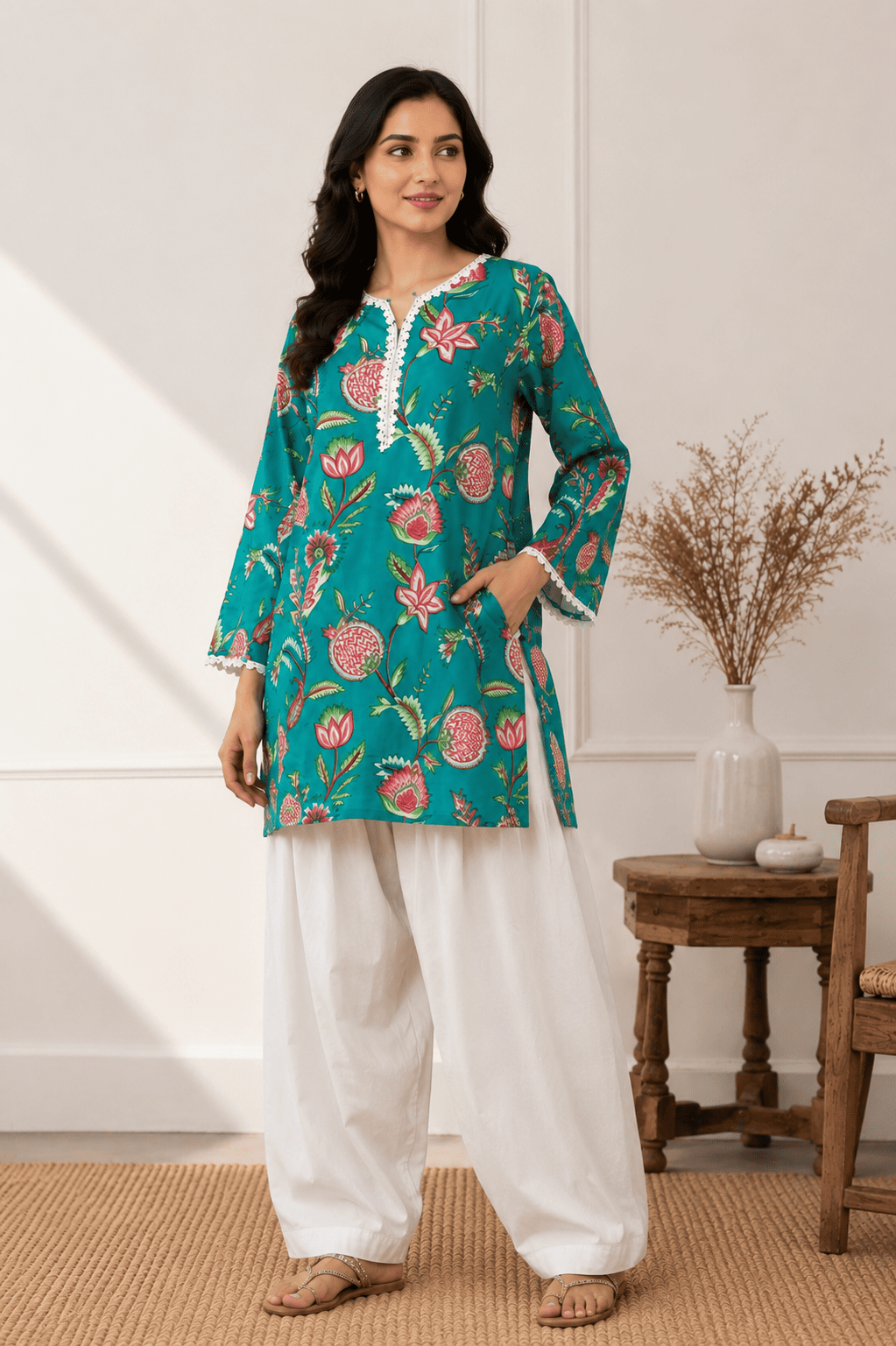 Turquoise kurta with white farshi