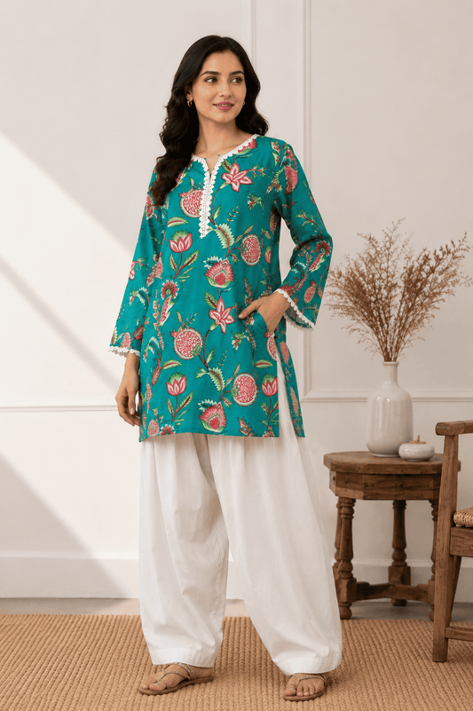 Turquoise kurta with white farshi