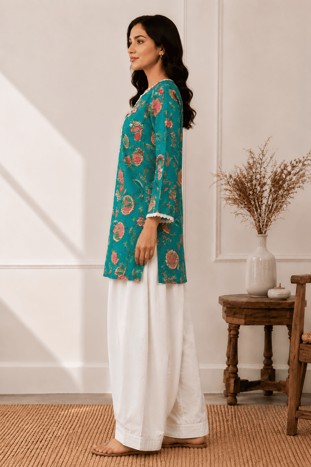 Turquoise kurta with white farshi