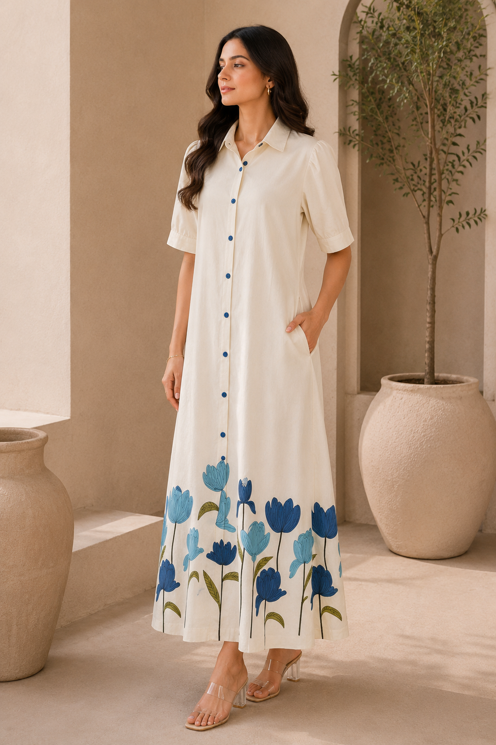 Woman wearing a white dress with blue floral patterns in a neutral setting.