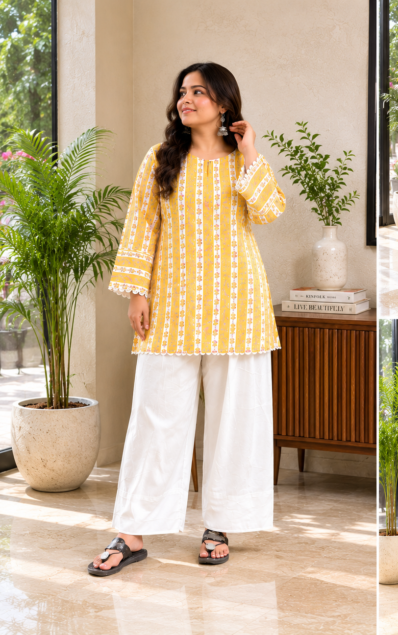 Yellow cotton kurta with white farsi