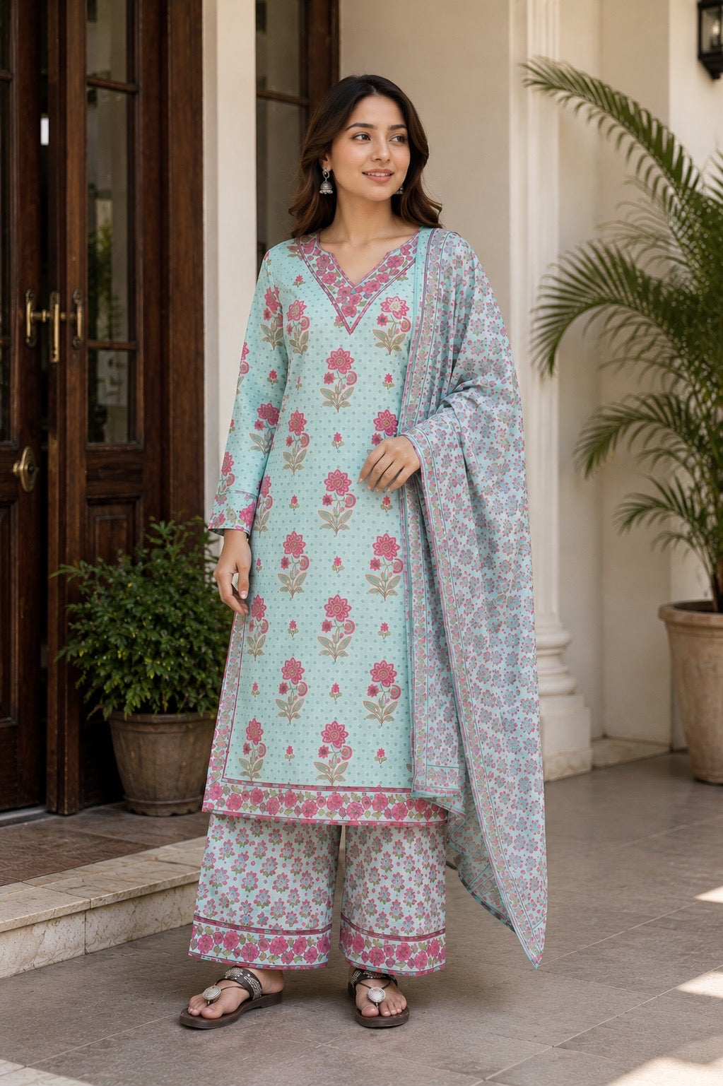 Printed blue cotton suit set