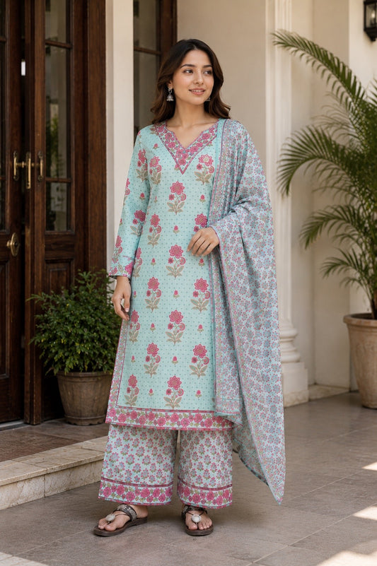 Printed blue cotton suit set