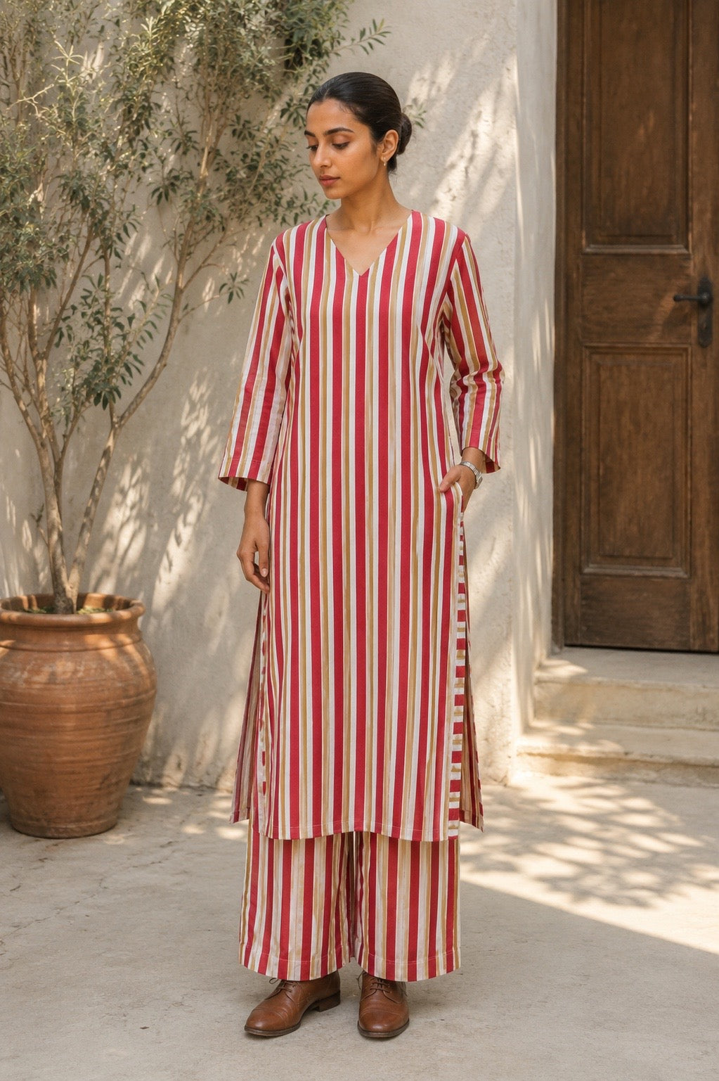 Red striped cotton coord set