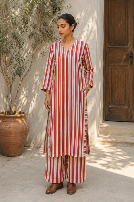 Red striped cotton coord set